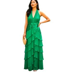 Tadashi Shoji Silk Gown Sz 8 Emerald Green Halter Ruffles Evening Party Dress‎